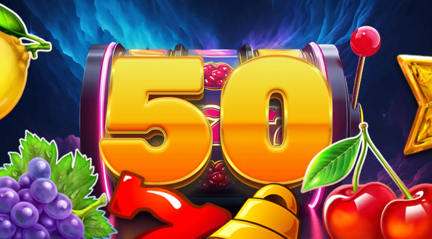 50 free spinů — ovocný automat a bonus. Výherní automat s obřím číslem „50“, kolem ovocné symboly (třešně, hrozny, citron), zlatý zvon a hvězda — promo 50 free spinů.